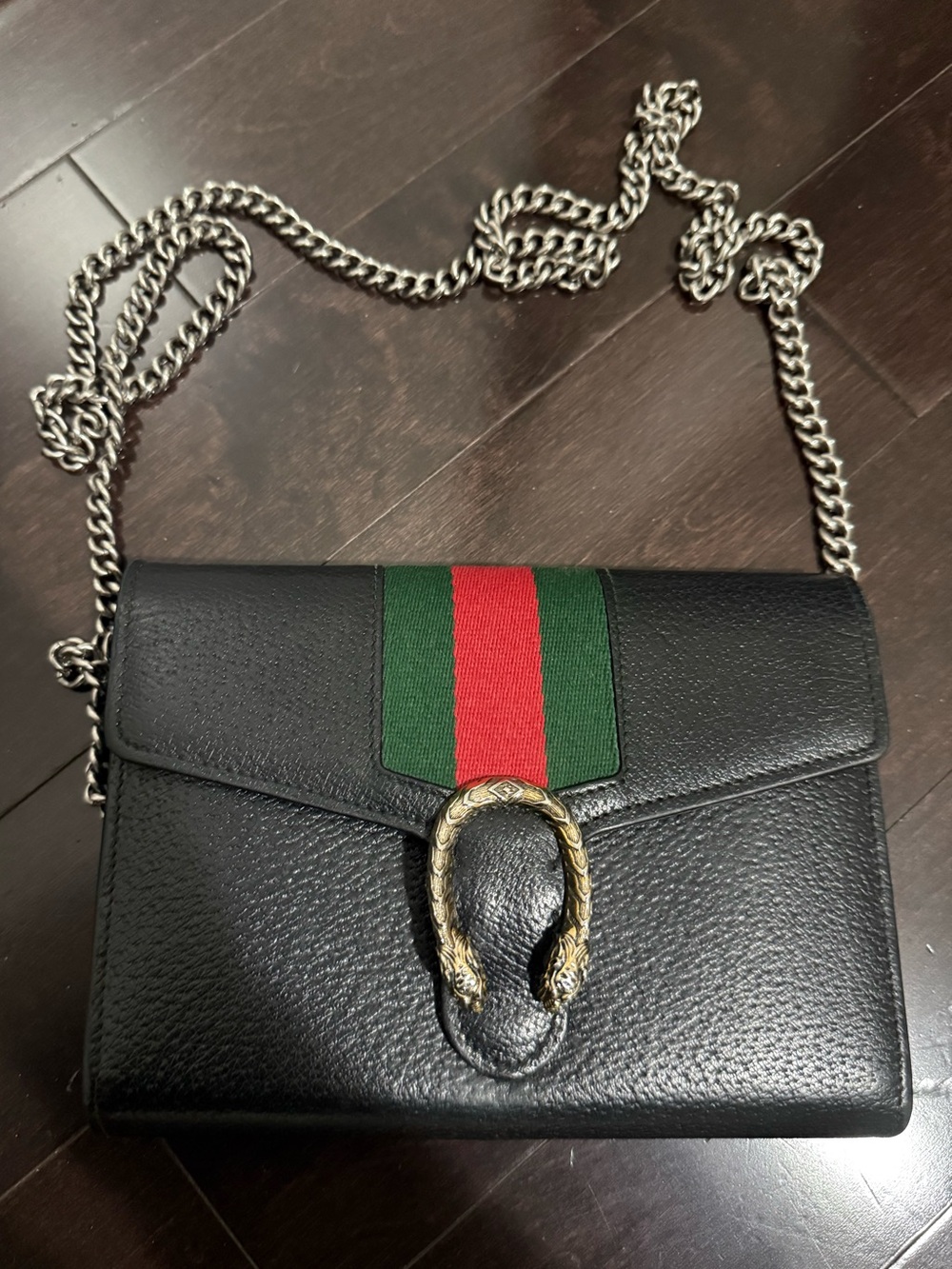 Black Leather Shoulder Bag with Green and Red Stripe